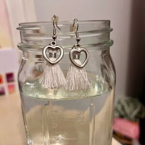 Heart Tassel Earrings in Silver and White